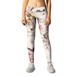 Vintage And Shabby Chic- Pink  Summer Peonies Antique Botanical Flower Garden Leggings