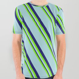 [ Thumbnail: Green, Powder Blue, and Midnight Blue Colored Pattern of Stripes All Over Graphic Tee ]