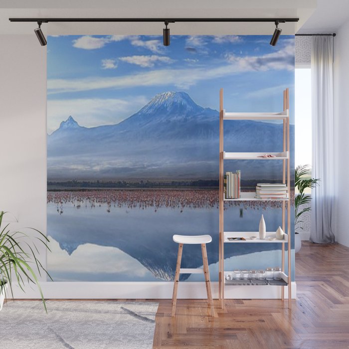 Beautiful View Of Mt. Kilimanjaro with Pink Flamingos In the Lake Wall Mural