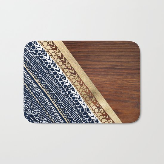 Navy & Gold Tribal on Wood Bath Mat