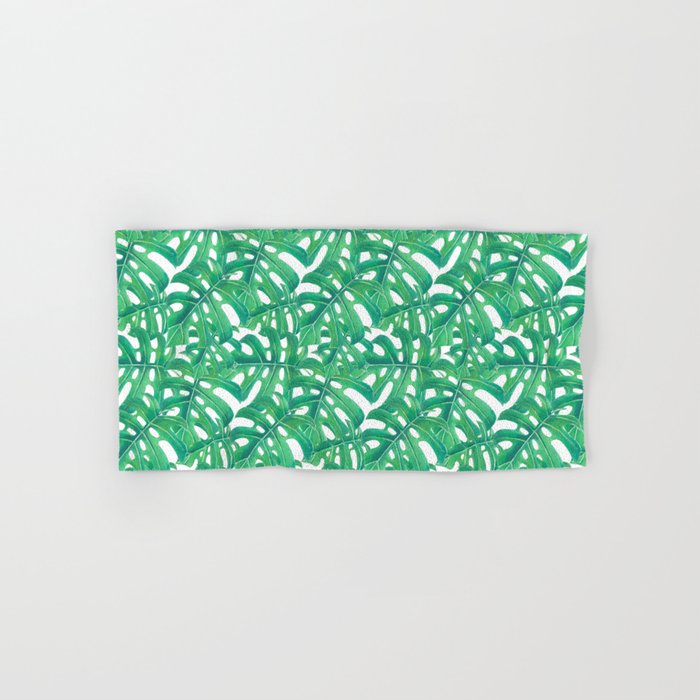 Green monstera tropical leaves pattern  on white background Hand & Bath Towel