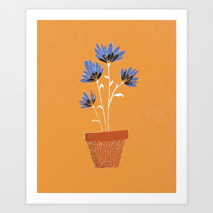 blue flowers on orange background Kunstdrucke