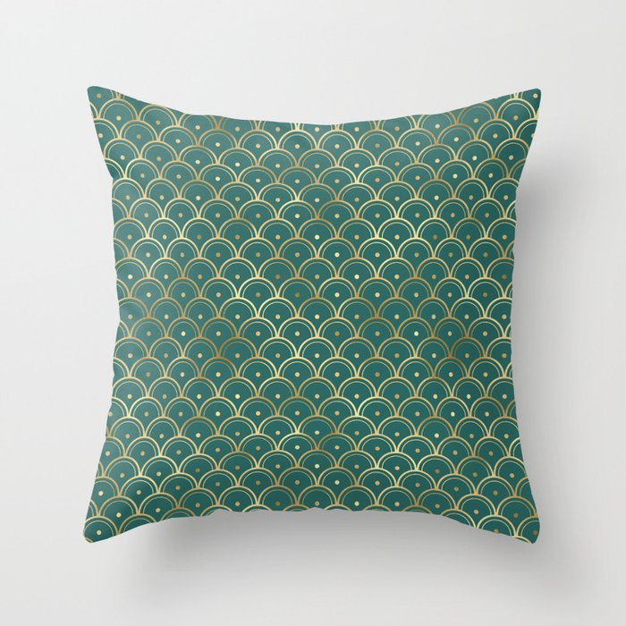 Teal and Gold Vintage Art Deco Dotted Scales Pattern Throw Pillow