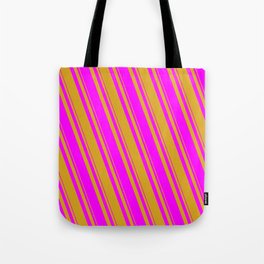 [ Thumbnail: Goldenrod and Fuchsia Colored Lined/Striped Pattern Tote Bag ]