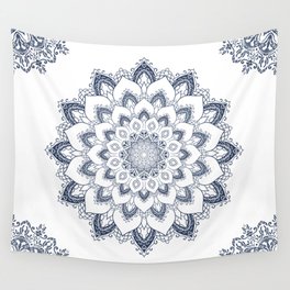Boho Lotus Flower Blue and White Mandala Wall Tapestry