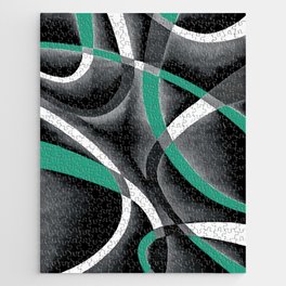 Eighties Turquoise White Grey Line Curve Pattern On Black Jigsaw Puzzle