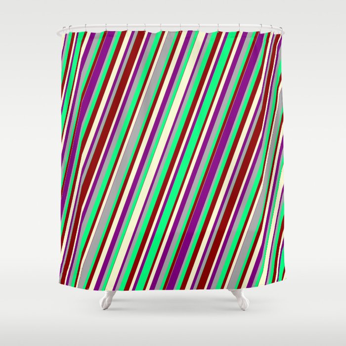 Colorful Dark Gray, Green, Dark Red, Light Yellow, and Purple Colored Lined/Striped Pattern Shower Curtain