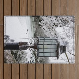 Winter Welcome Rustic Lamppost and Landscape with Snow and Ice Outdoor Rug