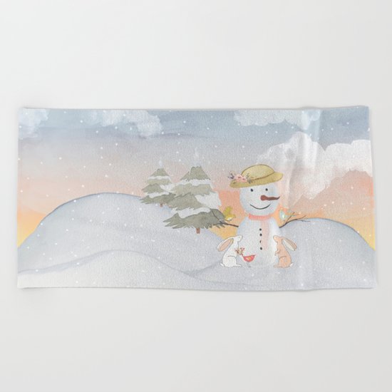 Winter Wonderland- Snowman birds and bunnies - Watercolor illustration Beach Towel