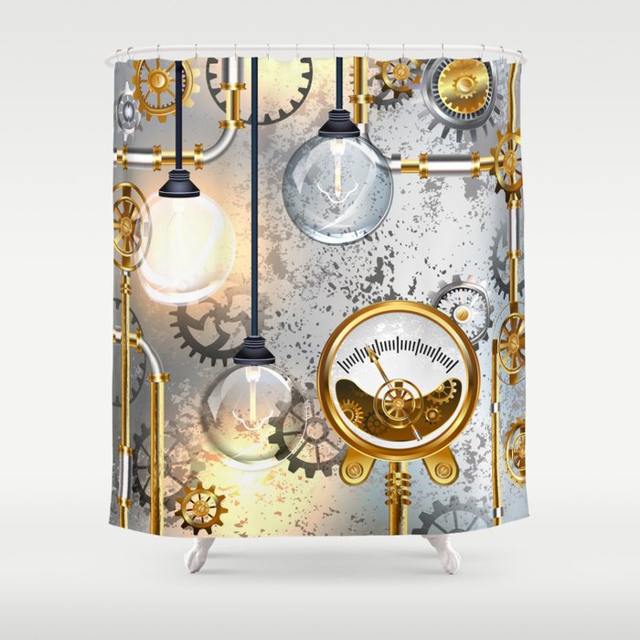  Steampunk Industrial Background with Manometer and Electric Lamp Shower Curtain