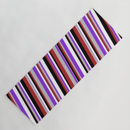 [ Thumbnail: Red, Grey, Purple, White & Black Colored Striped Pattern Yoga Mat ]