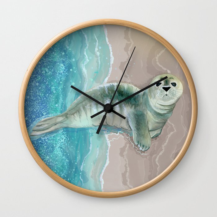 Gray Seal Where the Ocean Meets the Sand Wall Clock