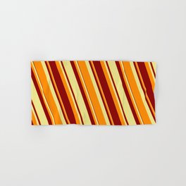 [ Thumbnail: Tan, Dark Orange, and Dark Red Colored Lined Pattern Hand & Bath Towel ]
