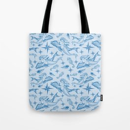 Vintage mermaid with dolphin pattern blue Tote Bag