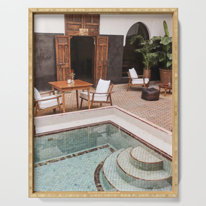 Swimming Pool In Riad Kasbah Marrakech Photo | Morocco Travel Photography Art Print | Arabic House Interior Design Serving Tray