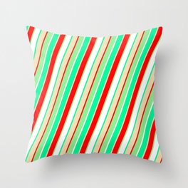 [ Thumbnail: Eye-catching Green, Tan, Red, Light Green, and White Colored Pattern of Stripes Throw Pillow ]
