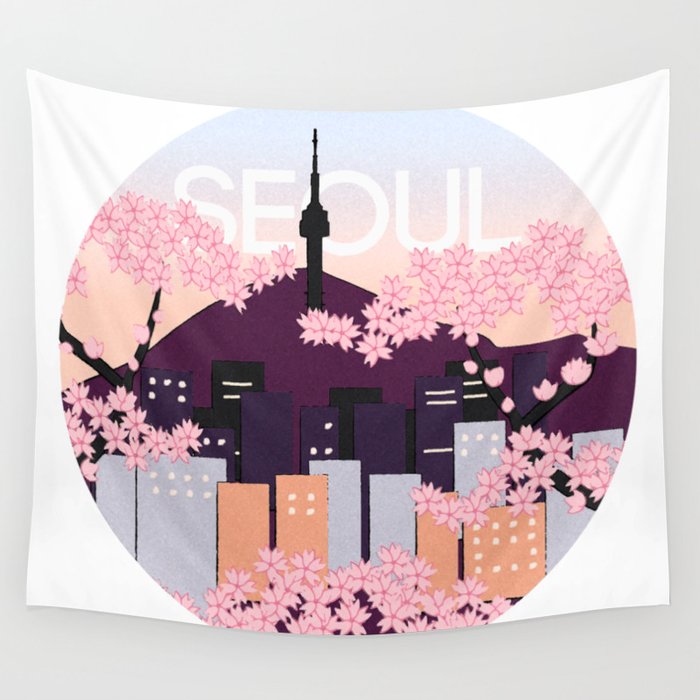Seoul Tower with Cherry Blossoms Woodblock Style Souvenir Print Wall Tapestry