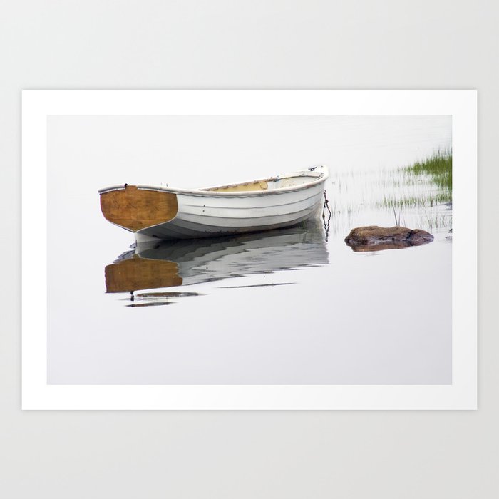 White Boat on a Misty Morning Art Print