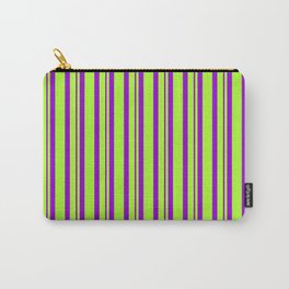 [ Thumbnail: Light Green and Dark Violet Colored Lines/Stripes Pattern Carry-All Pouch ]