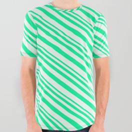 [ Thumbnail: Green and Mint Cream Colored Striped/Lined Pattern All Over Graphic Tee ]
