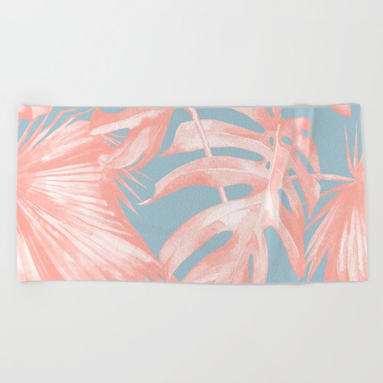 Island Love Coral Pink on Pale Blue Beach Towel