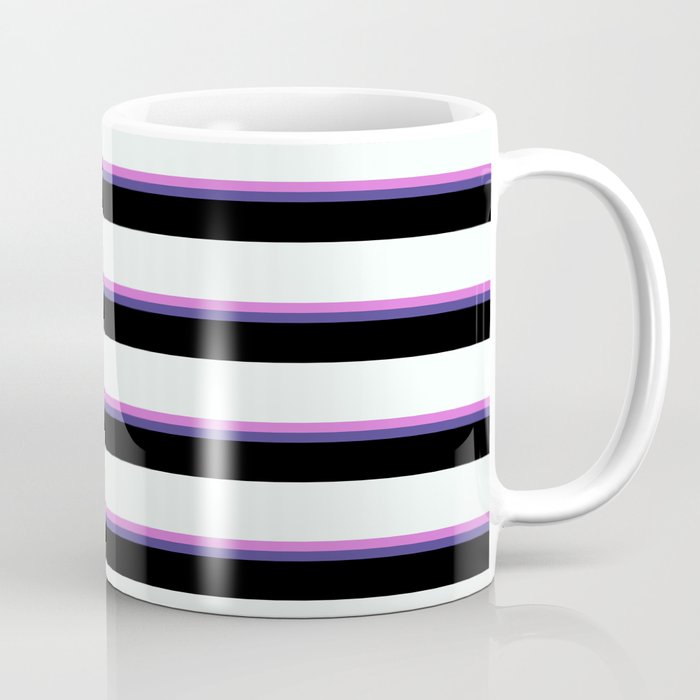 Orchid, Dark Slate Blue, Black & Mint Cream Colored Lines/Stripes Pattern Coffee Mug