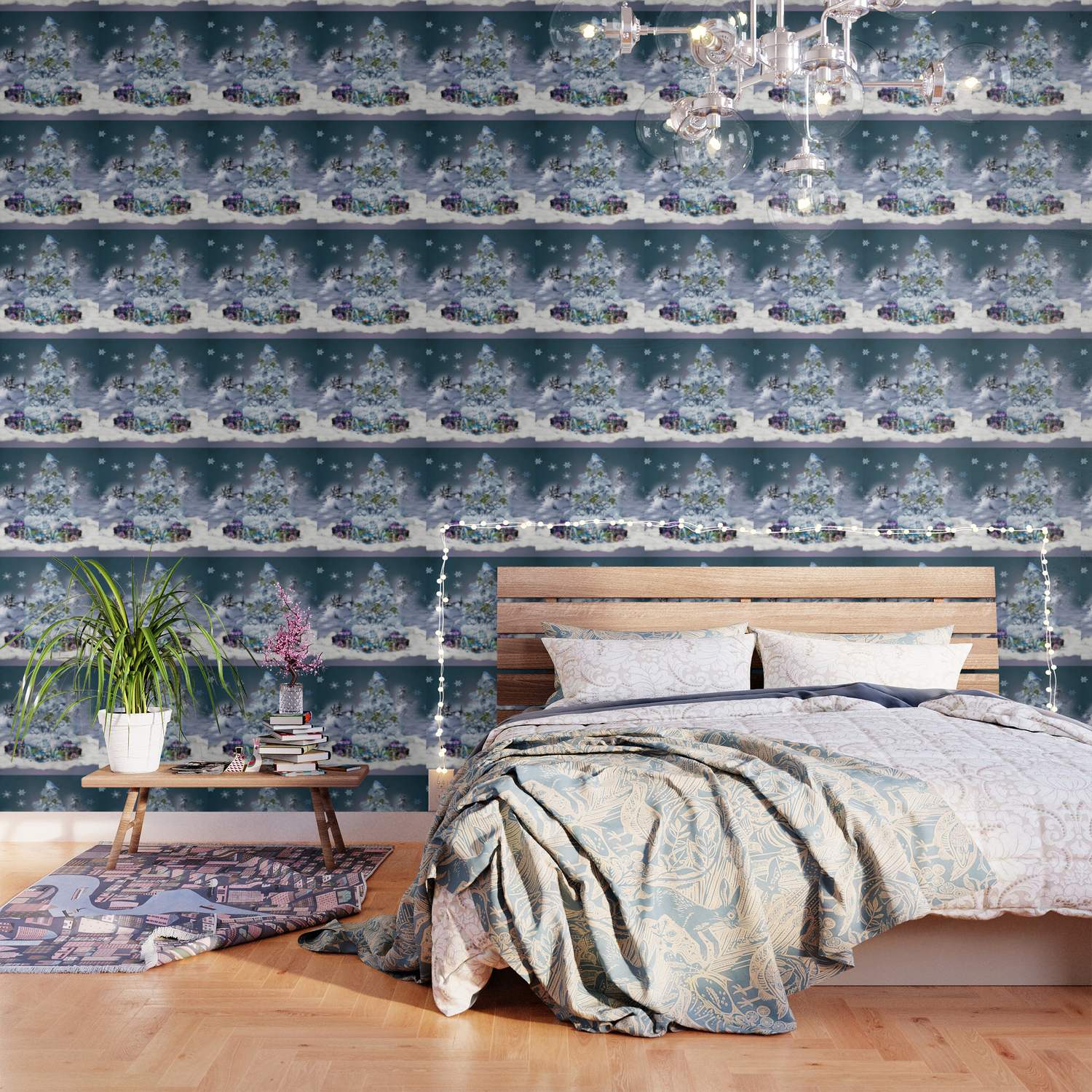 Snowy Blue Christmas Scene Wallpaper By Jmariellearts Society6