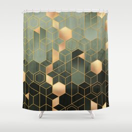 Emerald green and gold copper hexagons Shower Curtain