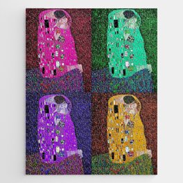 The kiss four-color collage; erotic love and the eternal cosmos romantic portrait painting alternate pink and purple by Gustav Klimt Jigsaw Puzzle