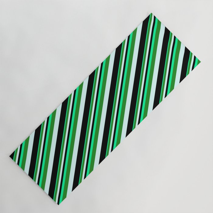 Green, Forest Green, Light Cyan & Black Colored Lines/Stripes Pattern Yoga Mat