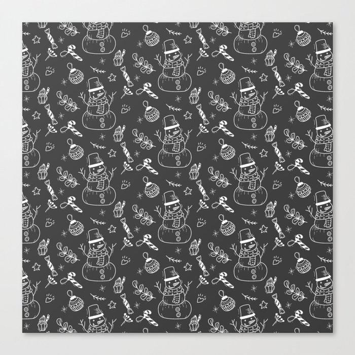 Dark Grey and White Christmas Snowman Doodle Pattern Canvas Print