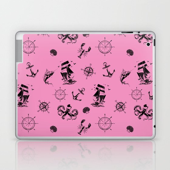 Pink And Black Silhouettes Of Vintage Nautical Pattern Laptop & iPad Skin