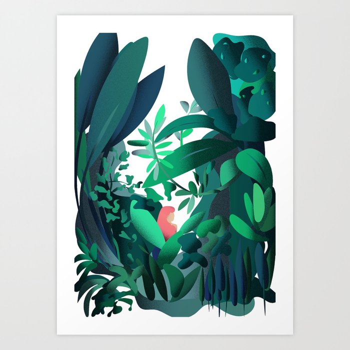 In the Jungle Art Print | Graphic-design, Jungle, Woman, Leaves, Flower, Palm, Leaf, Tree, Green, Graphic
