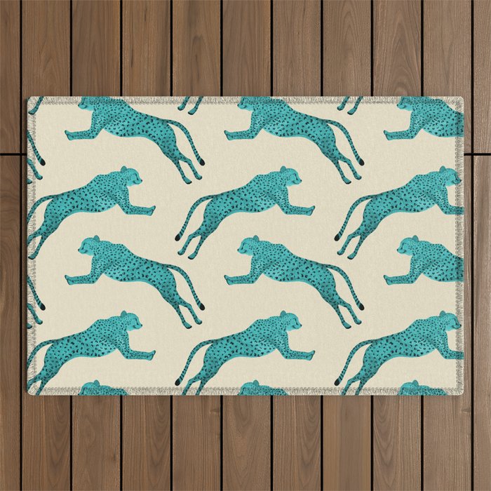 Two cheetahs | Turquoise and black Outdoor Rug