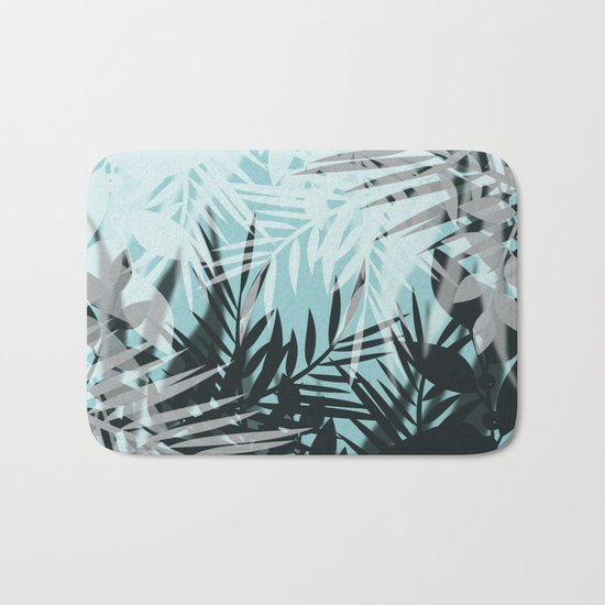 Tropical blue summer print palm leaves Bath Mat