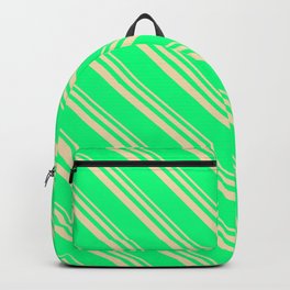 [ Thumbnail: Tan & Green Colored Striped Pattern Backpack ]