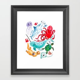 Ocean Creatures - Sea Animals Characters - Watercolor Framed Art Print
