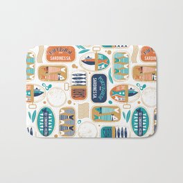 Vintage canned sardines // white background peacock teal and gold drop orange cans  Bath Mat