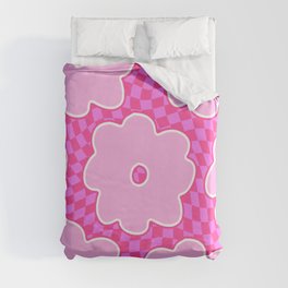 Hot Pink Flowers on Checkered Swirled Squares Duvet Cover