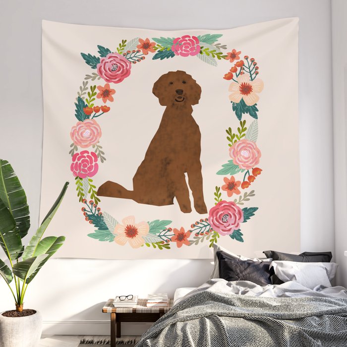 golden doodle dog floral wreath dog gifts pet portraits Wall