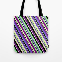 [ Thumbnail: Light Green, Purple, Slate Blue, Pale Goldenrod, and Black Colored Lines/Stripes Pattern Tote Bag ]