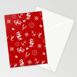 Red And White Silhouettes Of Vintage Nautical Pattern Stationery Card