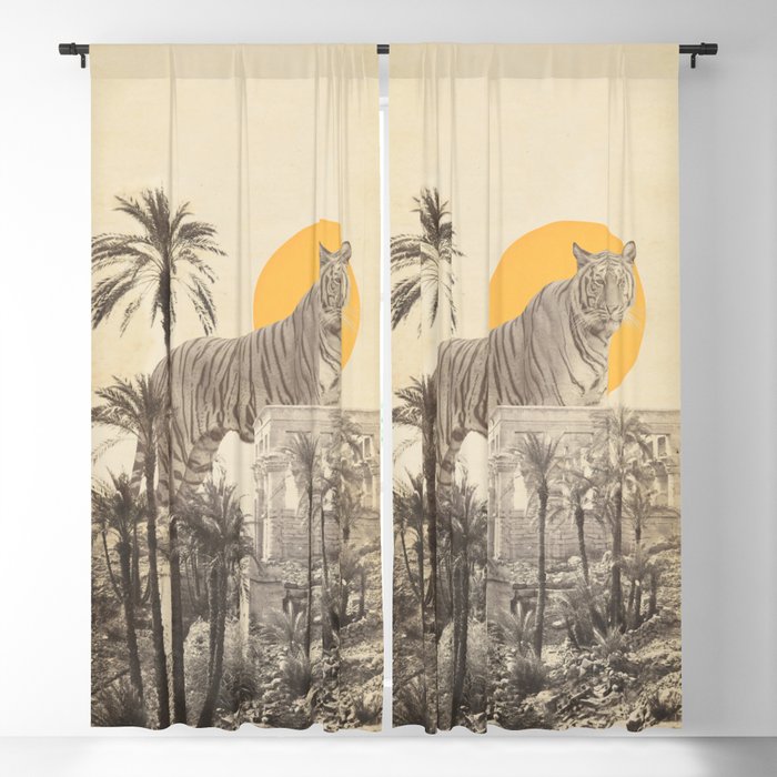 Giant Tiger in Ruins and Palms Blackout Curtain by Florent Bodart /  Speakerine