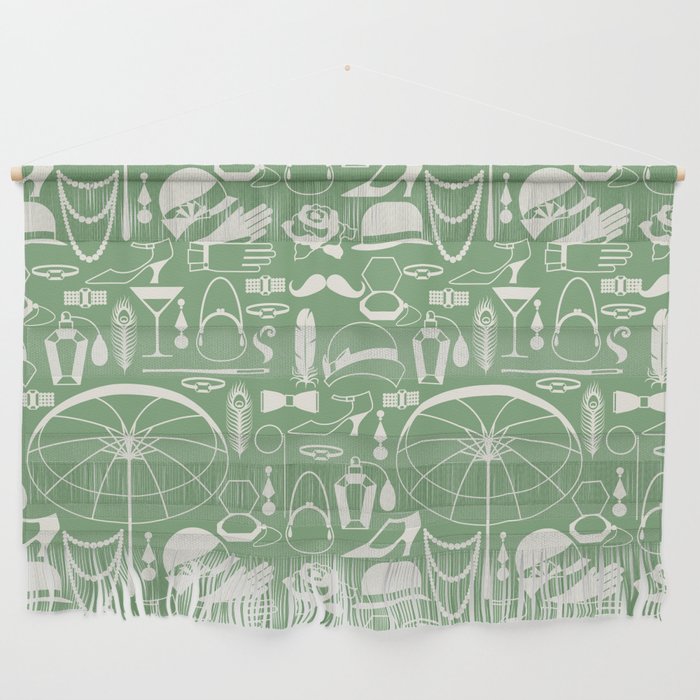 White Old-Fashioned 1920s Vintage Pattern on Vintage Green Wall Hanging