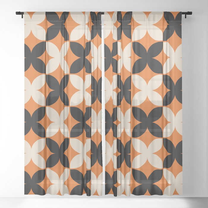 Geometric Flower Pattern 935 Orange Black and Beige Sheer Curtain