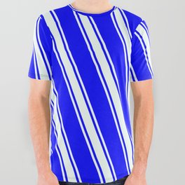 [ Thumbnail: Blue & Mint Cream Colored Striped/Lined Pattern All Over Graphic Tee ]