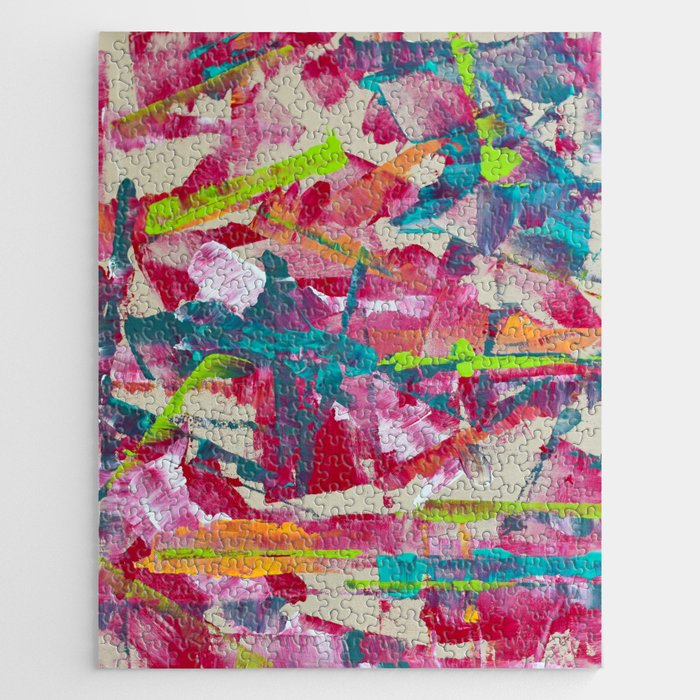 Confetti: A colorful abstract design in neon pink, neon green, and neon blue Jigsaw Puzzle