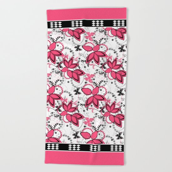 Pink black and white floral pattern . Beach Towel