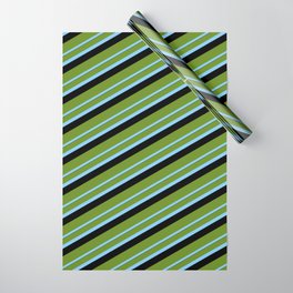 [ Thumbnail: Green, Light Sky Blue, and Black Colored Lined/Striped Pattern Wrapping Paper ]
