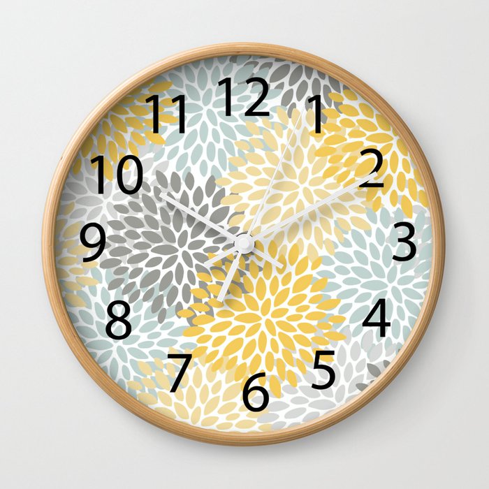 Floral Pattern, Yellow, Pale, Aqua and Gray Wall Clock